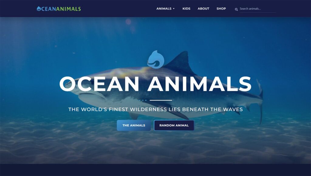 Ocean Animals website homepage, designed by Joel Mellor
