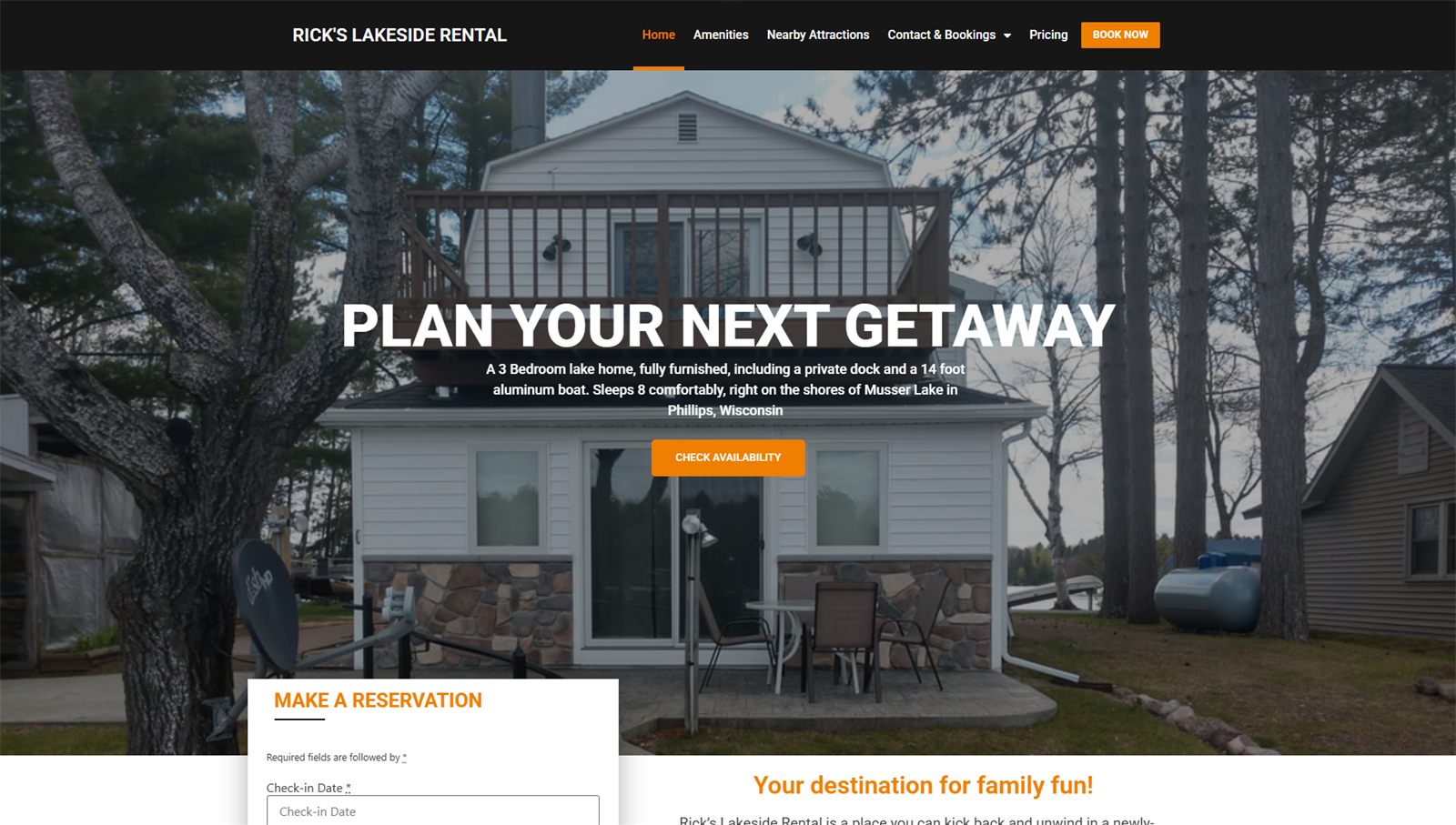 Rick's Lakeside Rental website homepage, designed by Joel Mellor